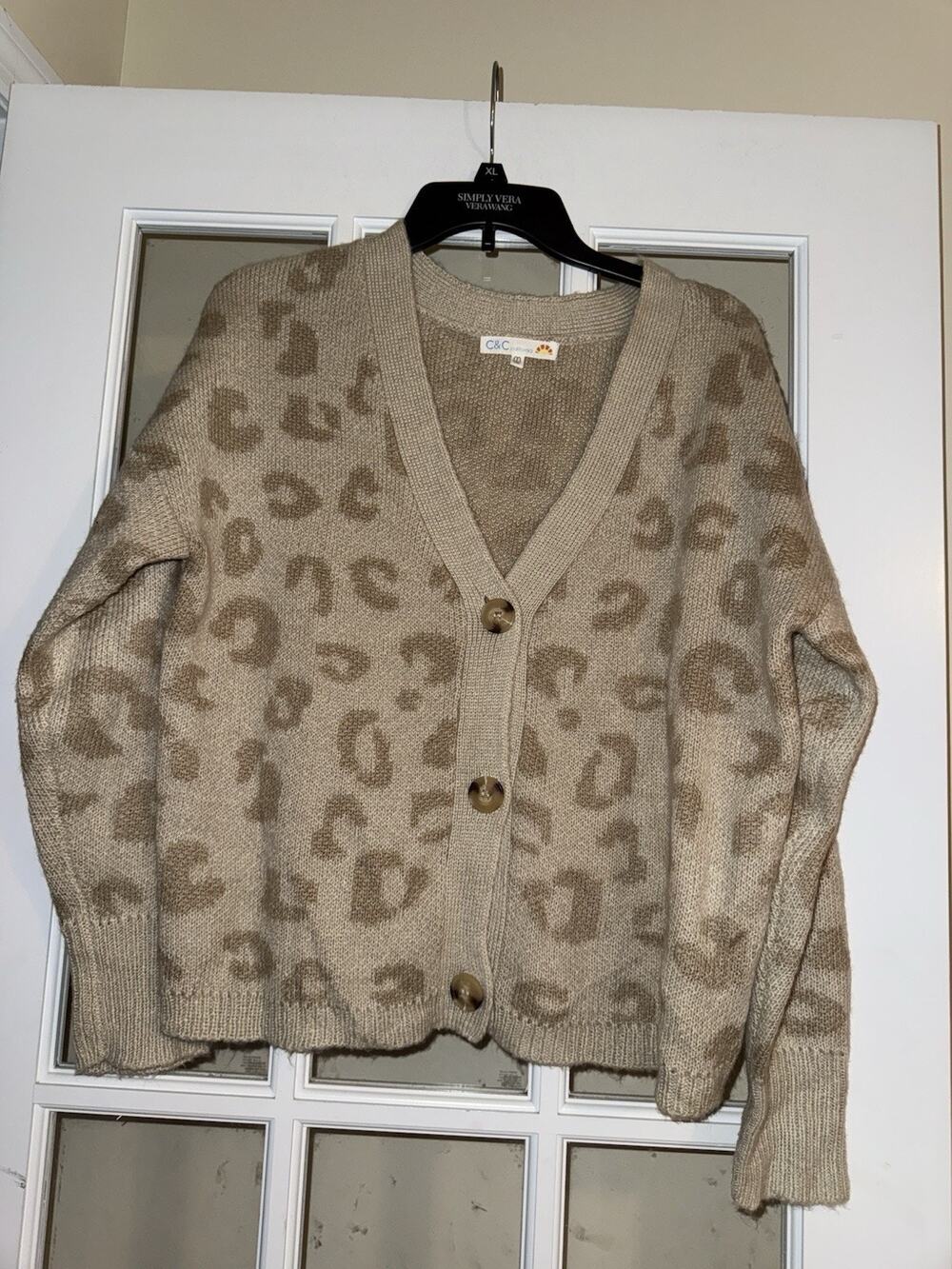 C & C California Sweater Womens MED Button Front Neutral Leopard Soft Oversized